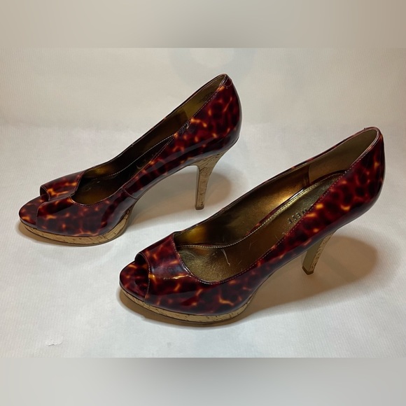 Nine West Tortoise Shell Open Toe Platform Heels Size 7.5 - Picture 2 of 9